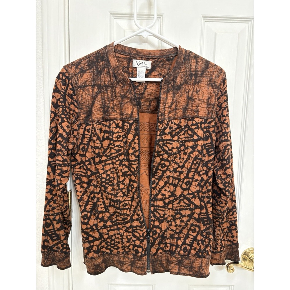 Spa by Chico's Jacket Women's Large Brown Black Tribal Artwear Full Zip